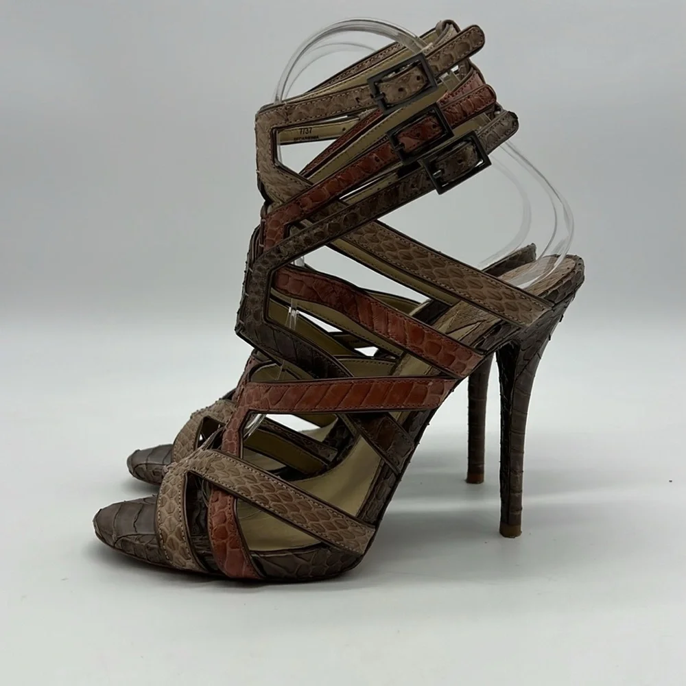 Brian Atwood Women US 7 EU 37 brown snakeskin strappy heeled sandals side buckle